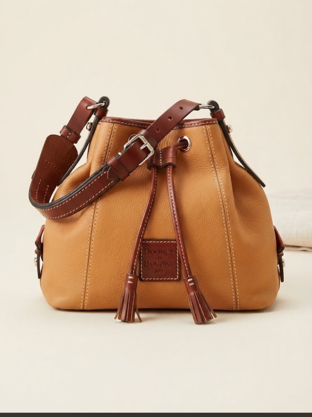 Dooney & Bourke Tan Leather Drawstring Bucket Bag